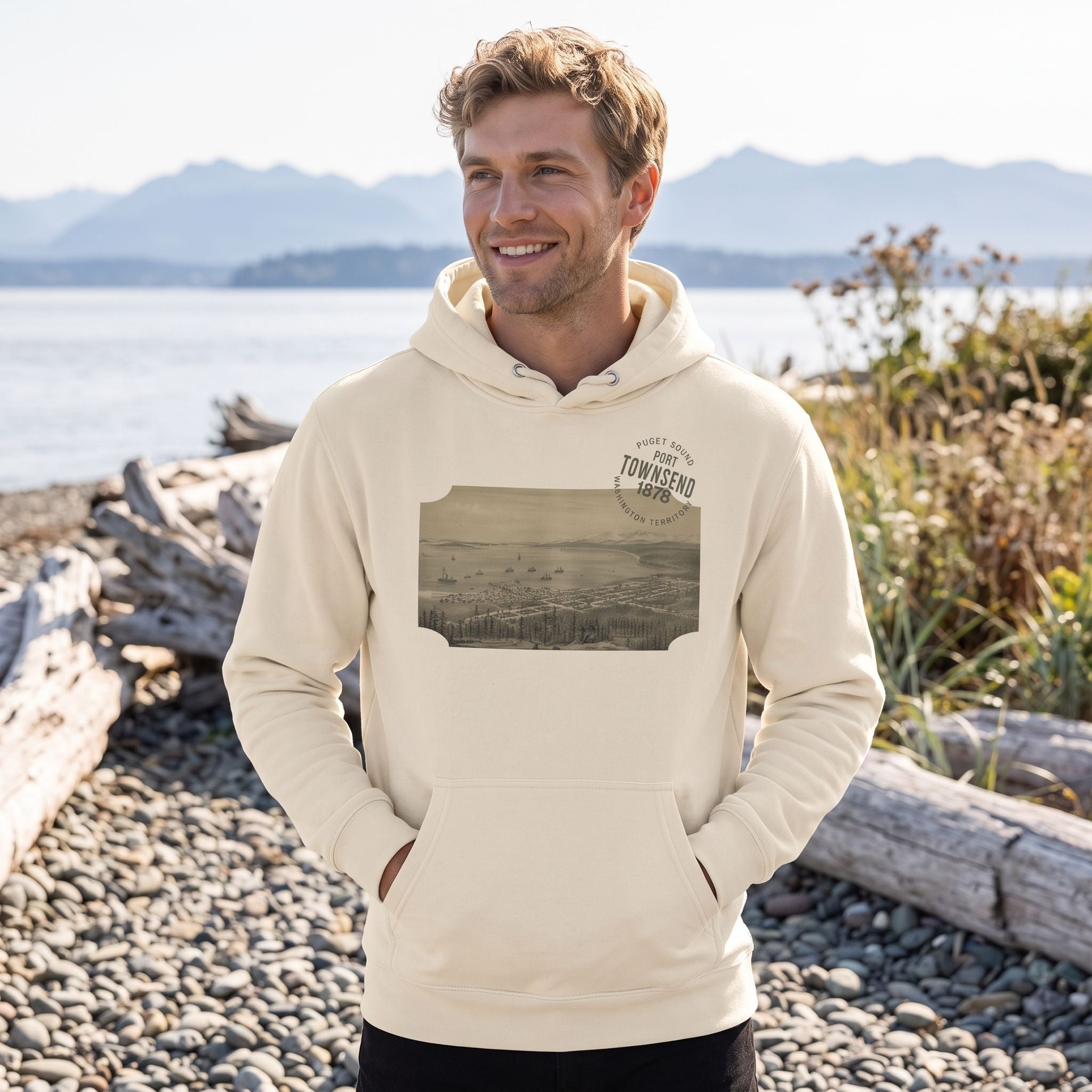 The Port Townsend 1878 hoodie modeled outdoors in a natural setting, highlighting the historic city illustration and casual style.