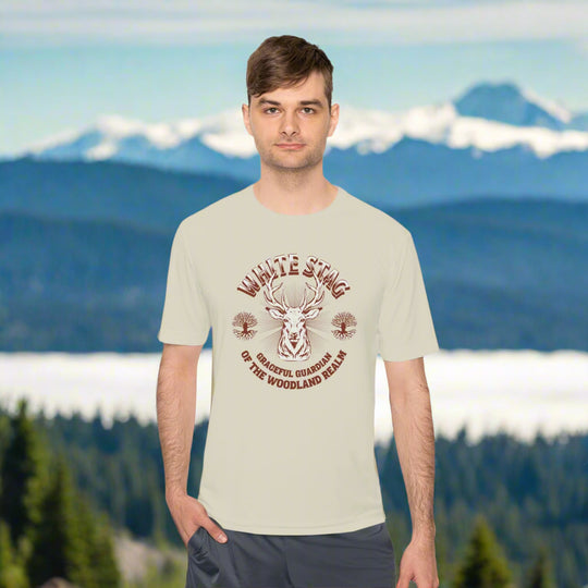 Graceful Guardian Tee – White Stag Woodland Realm Design (Moisture-Wicking)