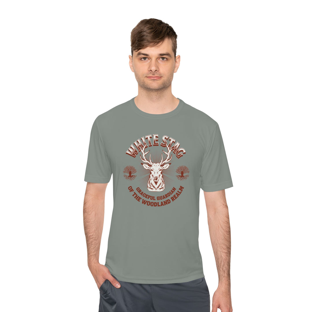 Graceful Guardian Tee – White Stag Woodland Realm Design (Moisture-Wicking)