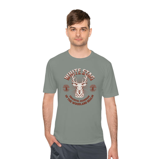 Graceful Guardian Tee – White Stag Woodland Realm Design (Moisture-Wicking)