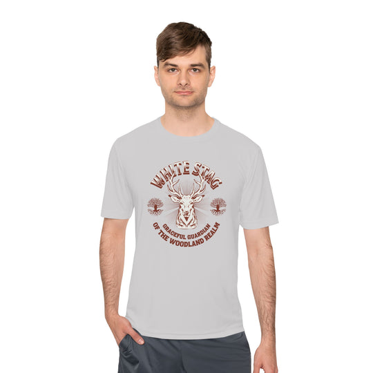 Graceful Guardian Tee – White Stag Woodland Realm Design (Moisture-Wicking)