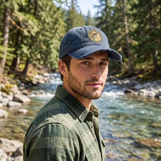 Casual outdoor scene with model Alex wearing the salmon twill dad hat featuring a salmon graphic, surrounded by natural greenery.