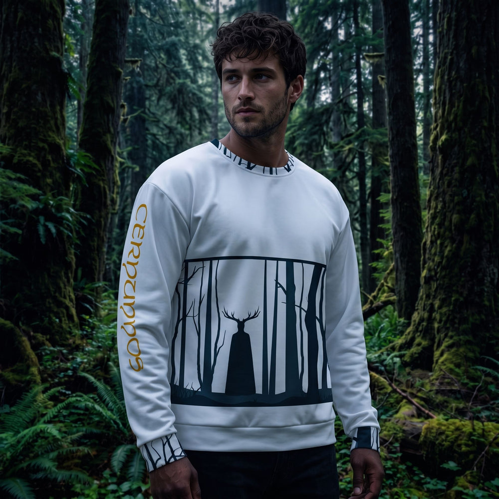 Model capturing rugged style in Cernunnos pullover against a shadowy, mossy forest background, with dramatic rim lighting creating an atmospheric, mysterious vibe.