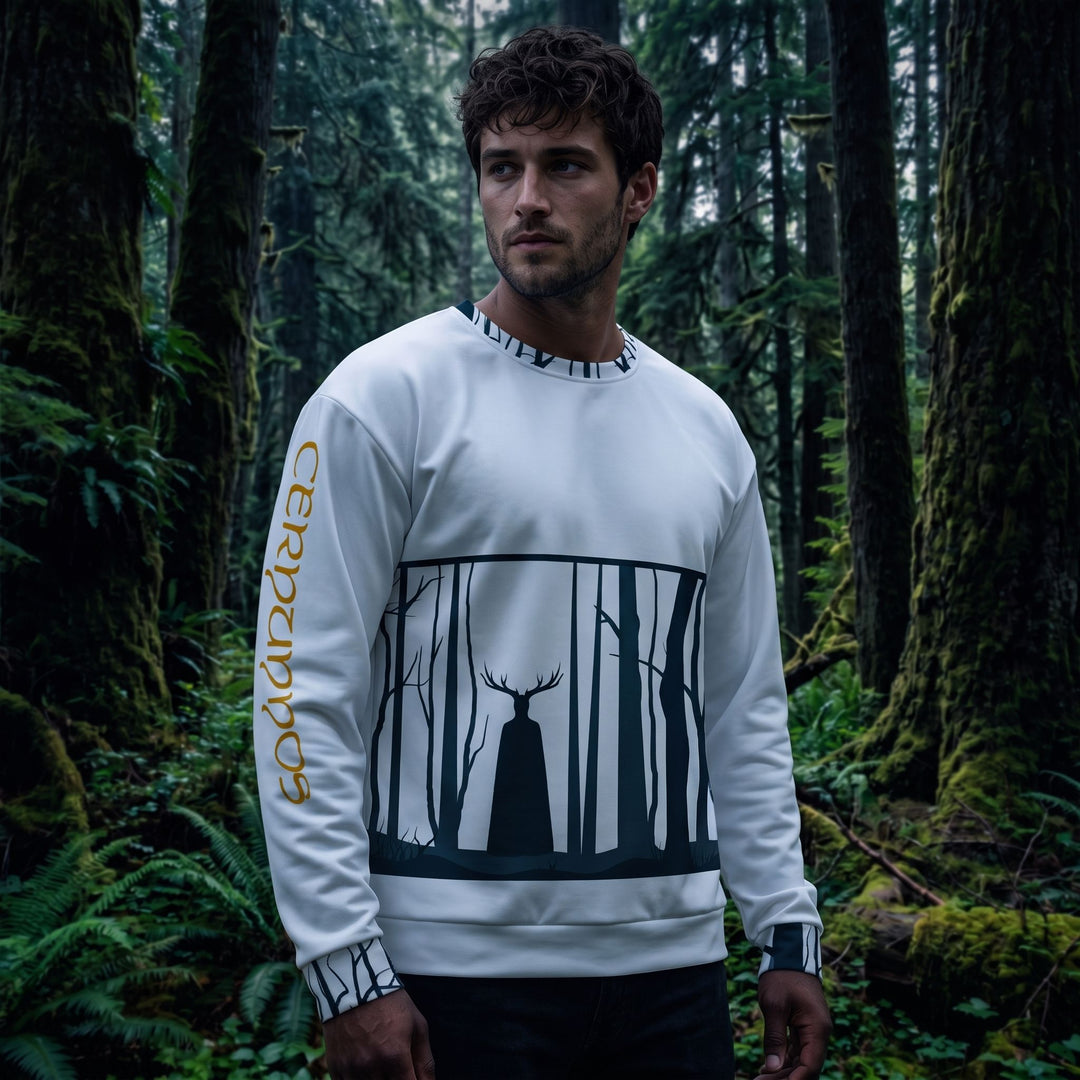 Model capturing rugged style in Cernunnos pullover against a shadowy, mossy forest background, with dramatic rim lighting creating an atmospheric, mysterious vibe.