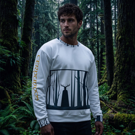 Model capturing rugged style in Cernunnos pullover against a shadowy, mossy forest background, with dramatic rim lighting creating an atmospheric, mysterious vibe.