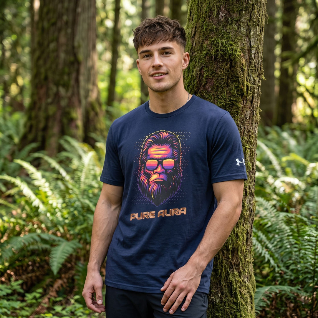 Model in casual pose showcasing navy Bigfoot Pure Aura Under Armour athletic T-shirt, ideal for outdoor adventures and gym wear.