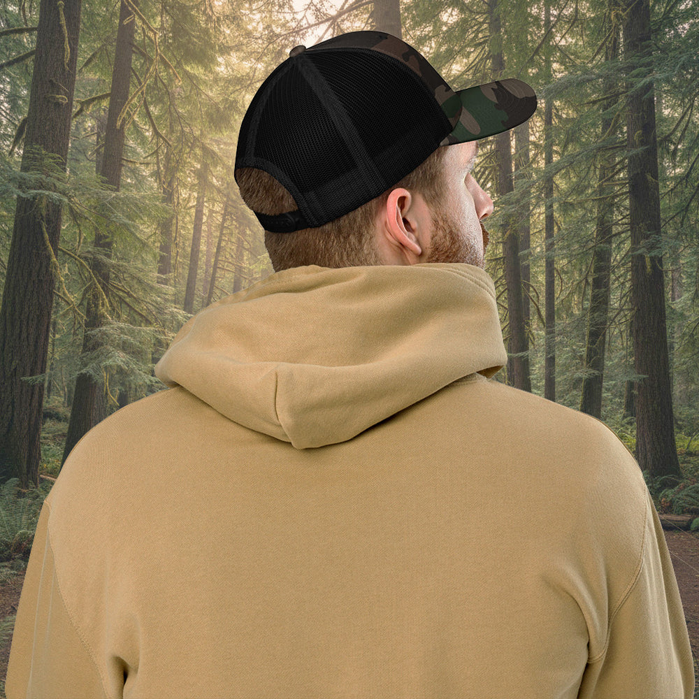 Protect The Pack Wolf Trucker Hat – Camo Embroidered Mesh Cap