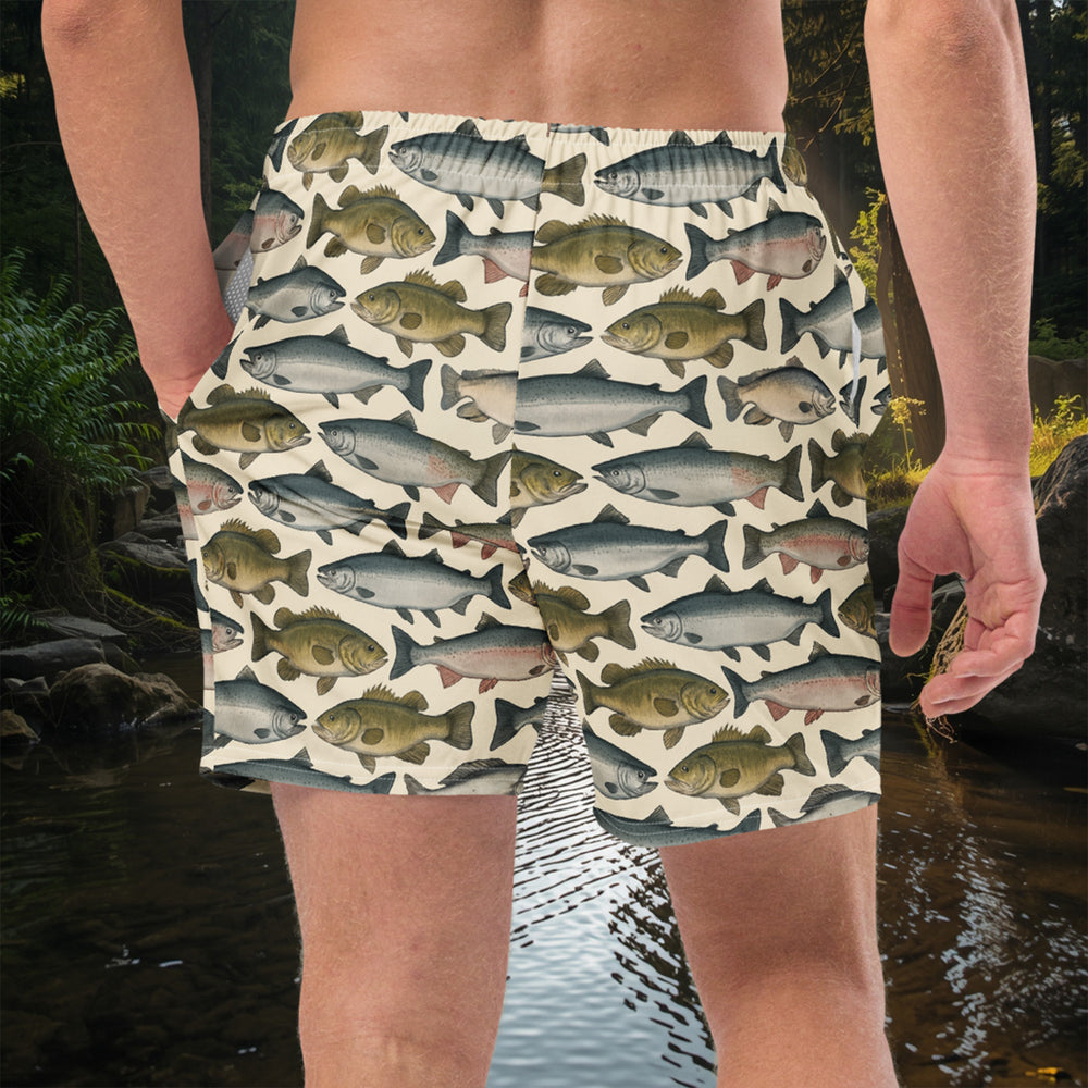 River Run Swim Trunks – Recycled Quick-Dry Board Shorts with Fish Design (UPF 50+, Anti-Chafe Liner)