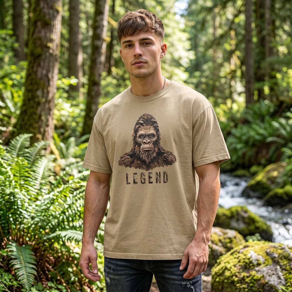 Model wearing Bigfoot Legend heavyweight T-shirt in outdoor setting with a nature backdrop.