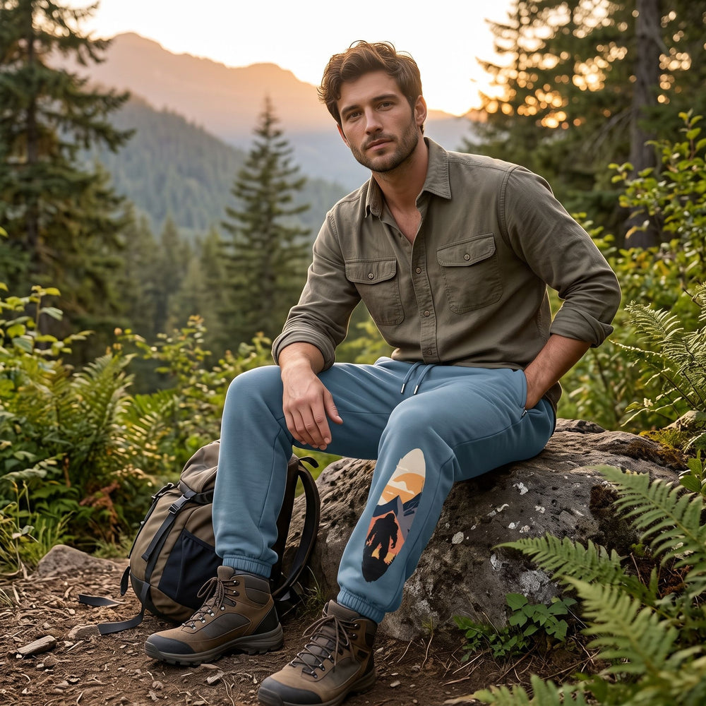 Relaxed outdoor scene with model wearing Bigfoot Sunset Sweatpants in natural daylight, surrounded by greenery and blurred foliage.