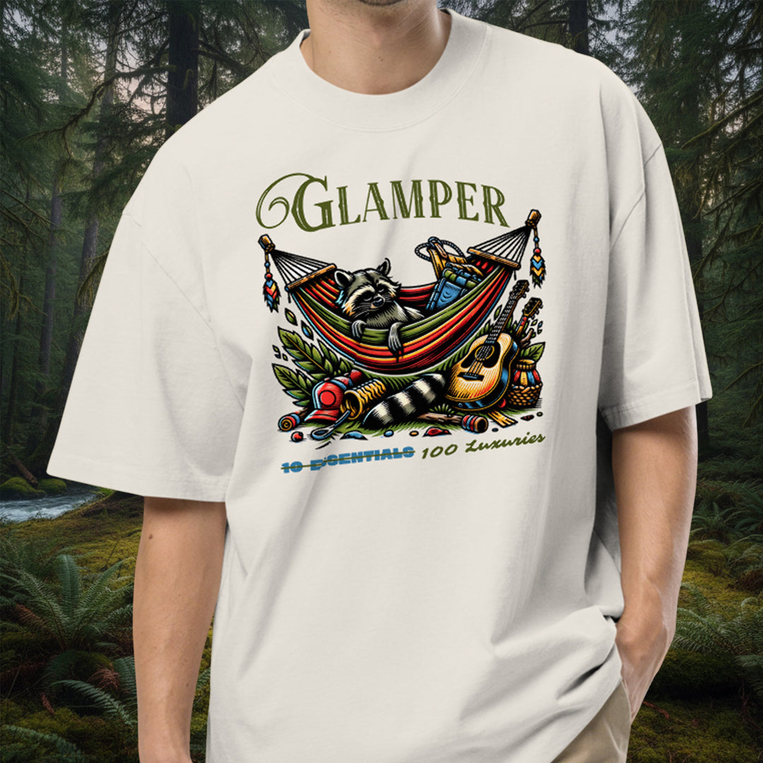 Glamping Raccoon Hammock Tee – Oversized Faded Cotton Graphic Shirt