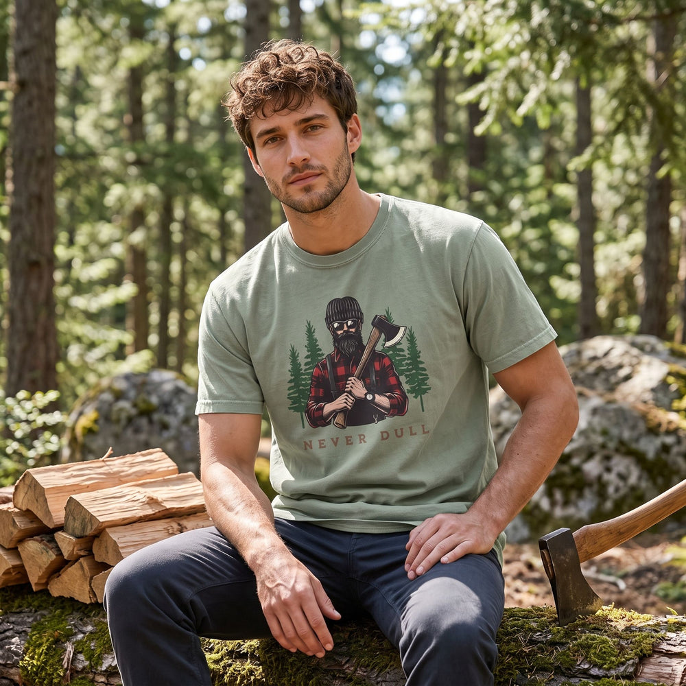 Adult model in casual attire wearing deep forest green T-shirt with lumberjack design outdoors.