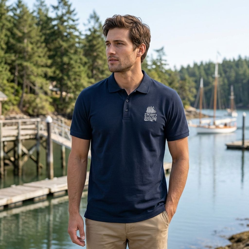 Relaxed casual male model wearing Ludlow Passage navy polo shirt amid outdoor scenery with foliage and rocks.