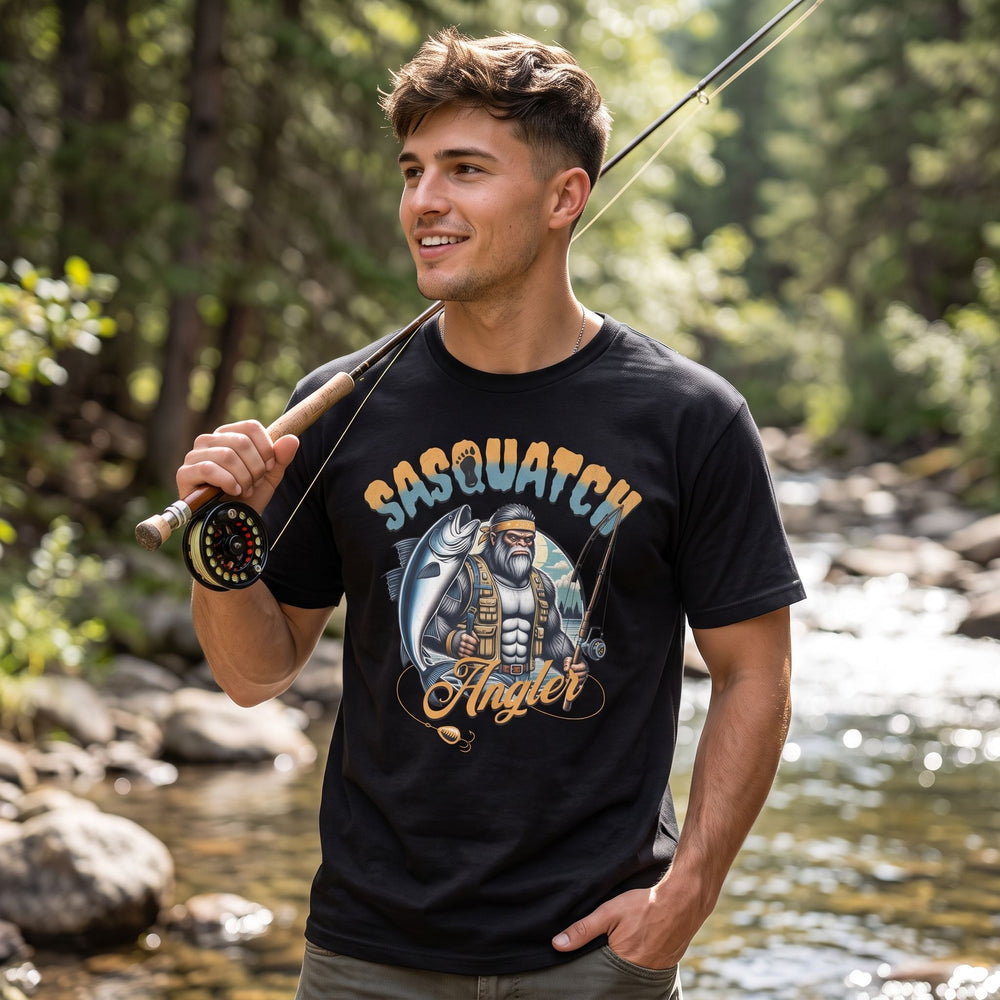 Model wearing heavyweight fisherman Sasquatch tee outdoors, surrounded by natural elements like trees and water.