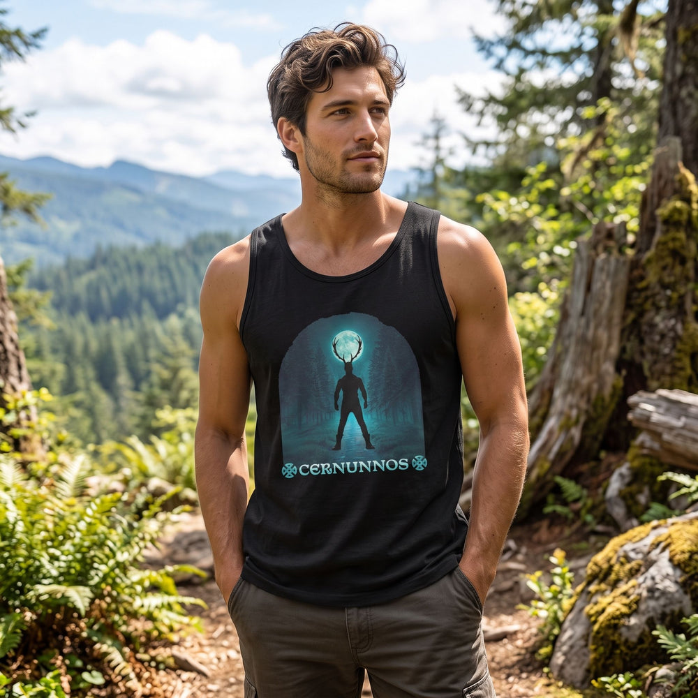 Casual model wearing The Cernunnos Moonlight Tank outdoors with greenery and natural daylight, emphasizing a relaxed, organic vibe
