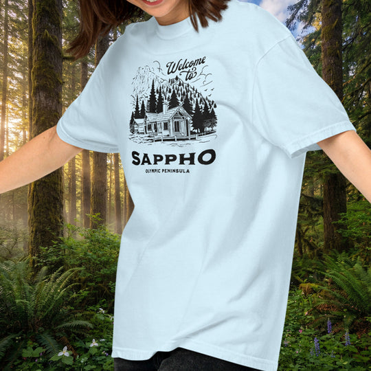 Sappho Cabin Tee - Retro Olympic Peninsula style (100% ring-spun cotton)