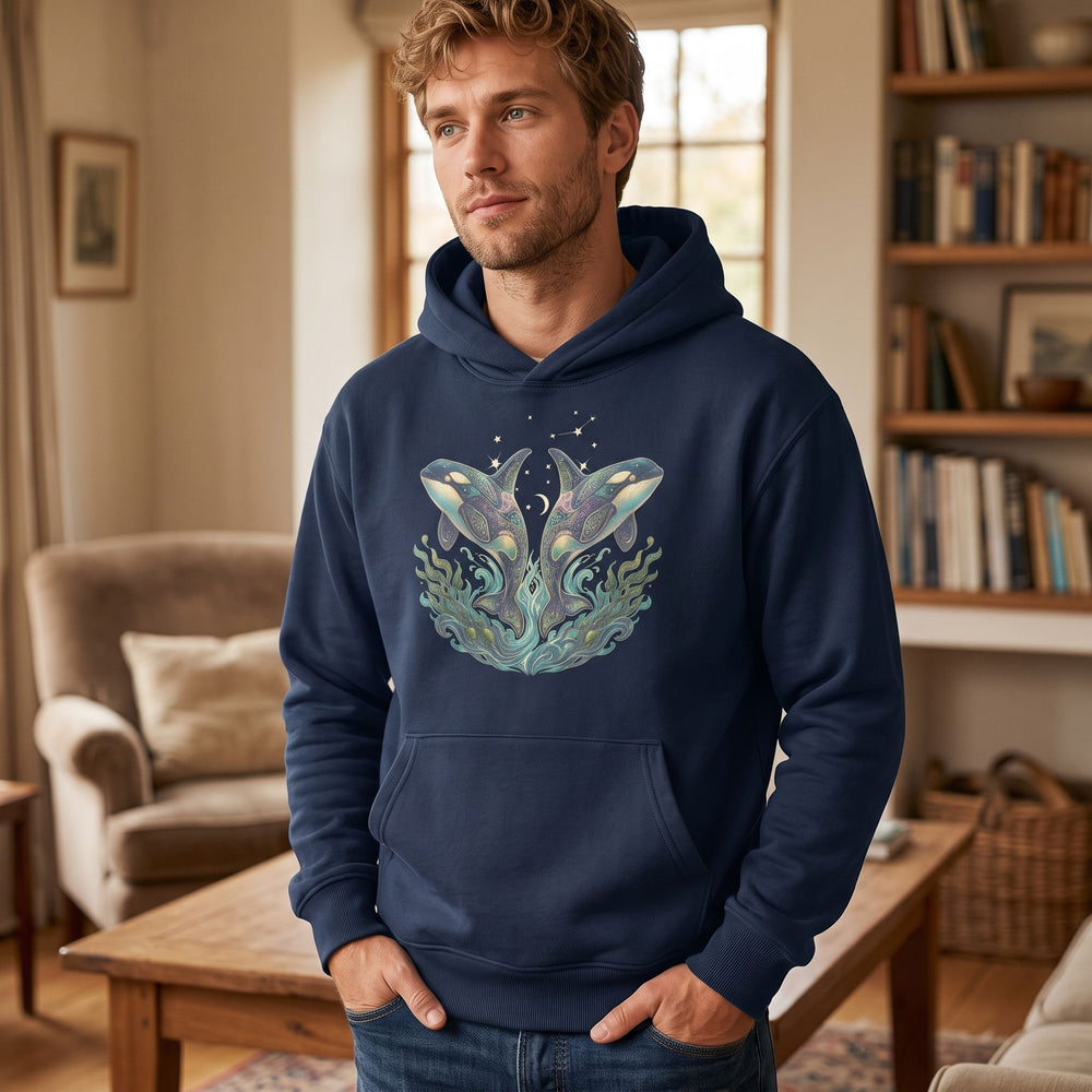 Man wearing the Gemini Orcas hoodie in a warm, inviting living room, showcasing casual and comfortable fashion.