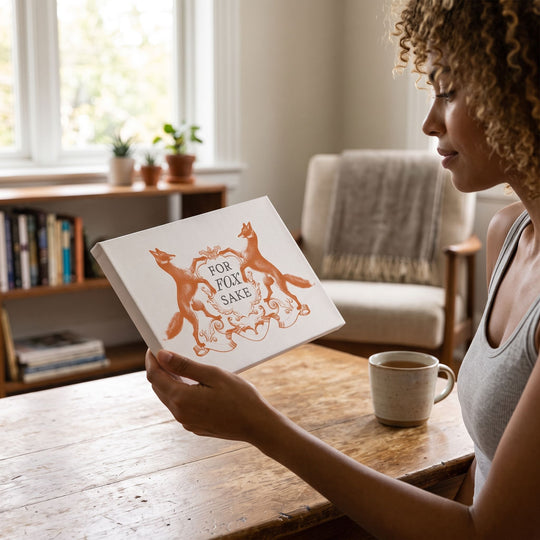 Rust-colored vintage fox heraldic canvas wall art in a cozy country home environment.