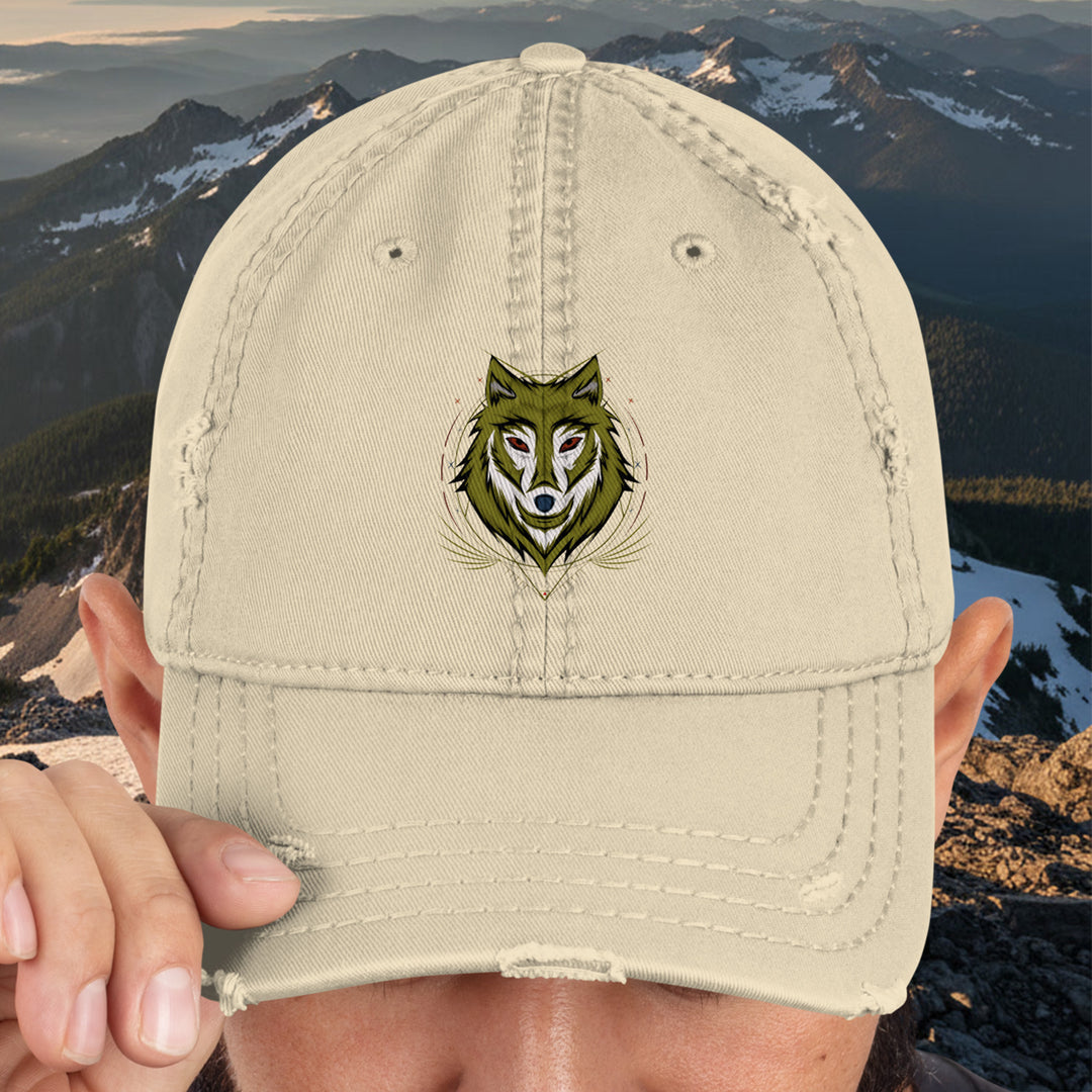 Sacred Wolf Dad Hat – Distressed Cotton Twill