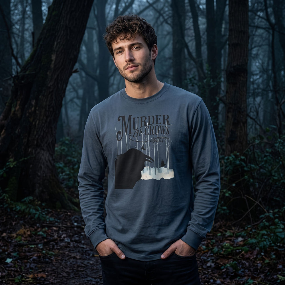Model Alex wearing gothic heavyweight long sleeve shirt with dark forest background and dramatic lighting.
