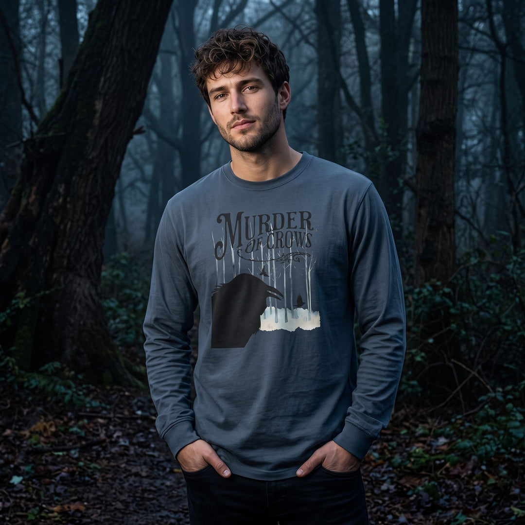 Model Alex wearing gothic heavyweight long sleeve shirt with dark forest background and dramatic lighting.