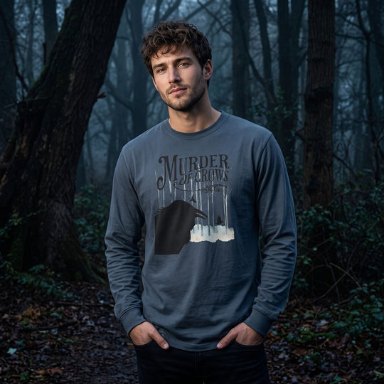 Model Alex wearing gothic heavyweight long sleeve shirt with dark forest background and dramatic lighting.