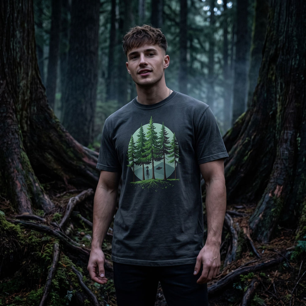 Stylish young adult wearing a charcoal oversized graphic tee with a mysterious Olympic Peninsula alien woodland scene.