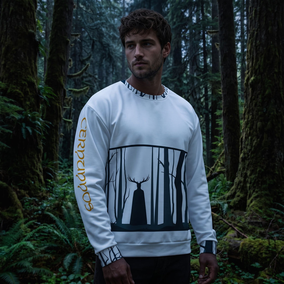 Relaxed fit Cernunnos sweatshirt worn by a male model in a dark, cinematic setting with cinematic lighting, highlighting primitive design with antler motif.