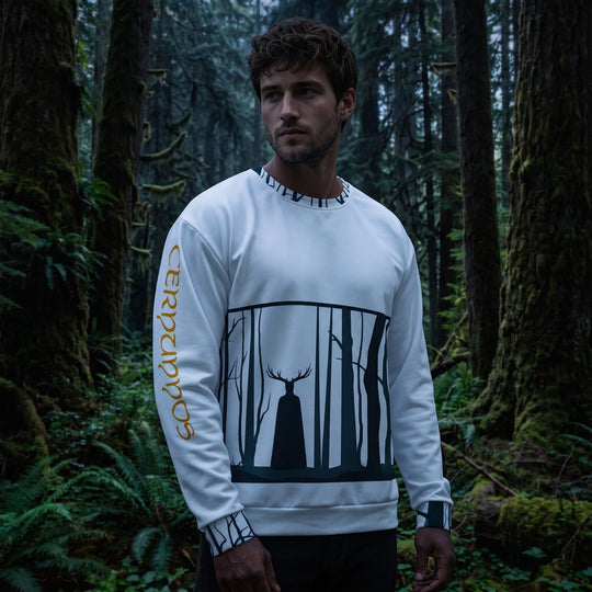 Relaxed fit Cernunnos sweatshirt worn by a male model in a dark, cinematic setting with cinematic lighting, highlighting primitive design with antler motif.