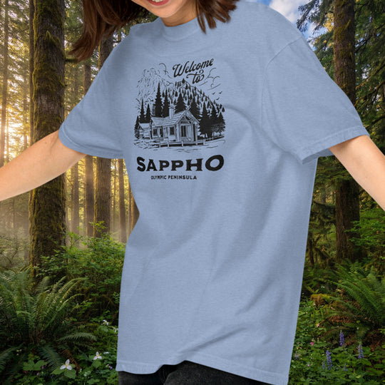 Sappho Cabin Tee - Retro Olympic Peninsula style (100% ring-spun cotton)