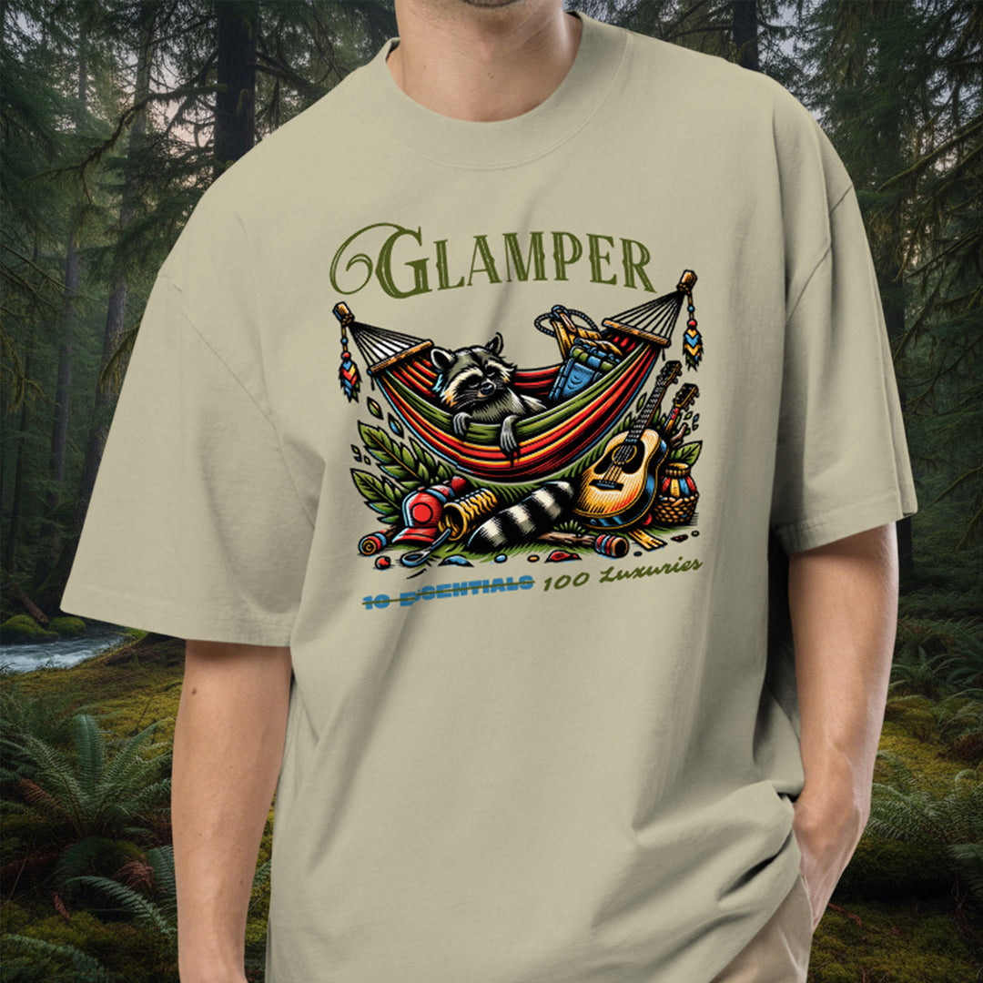 Glamping Raccoon Hammock Tee – Oversized Faded Cotton Graphic Shirt