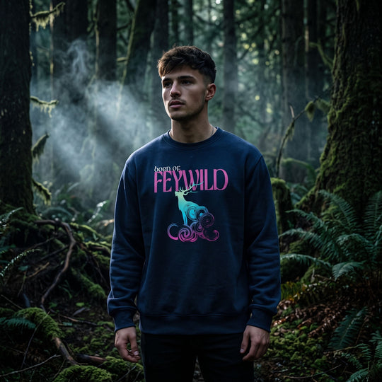Casual young man models oversized mystical fleece sweatshirt with horned stag graphic in low-light dramatic setting.