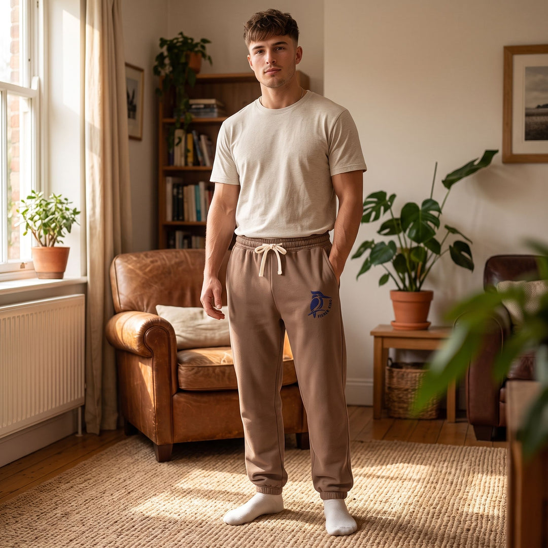 Casual fleece sweatpants with kingfisher logo on navy fabric, modeled in a warm, inviting environment with natural light.