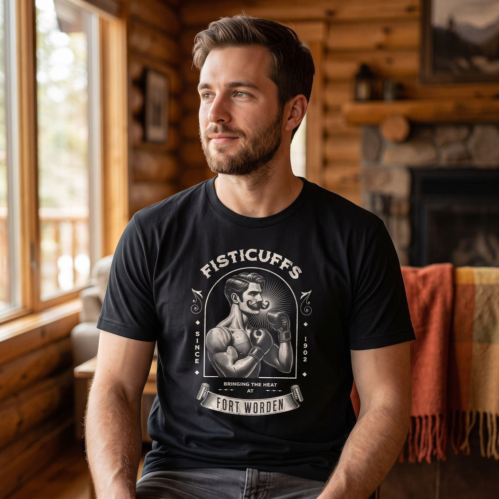Male model wearing the Fort Worden Fisticuffs Tee in a cozy rustic interior, showcasing the vintage boxer graphic and comfortable fabric.