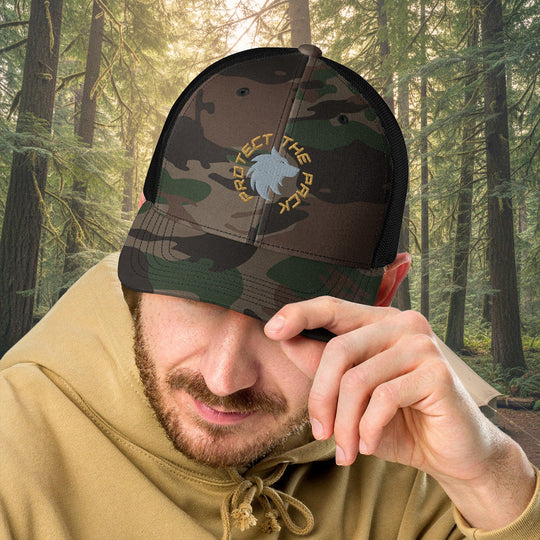 Protect The Pack Wolf Trucker Hat – Camo Embroidered Mesh Cap