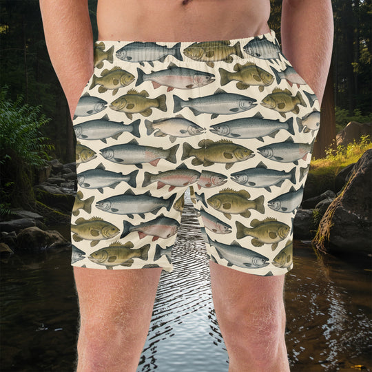 River Run Swim Trunks – Recycled Quick-Dry Board Shorts with Fish Design (UPF 50+, Anti-Chafe Liner)