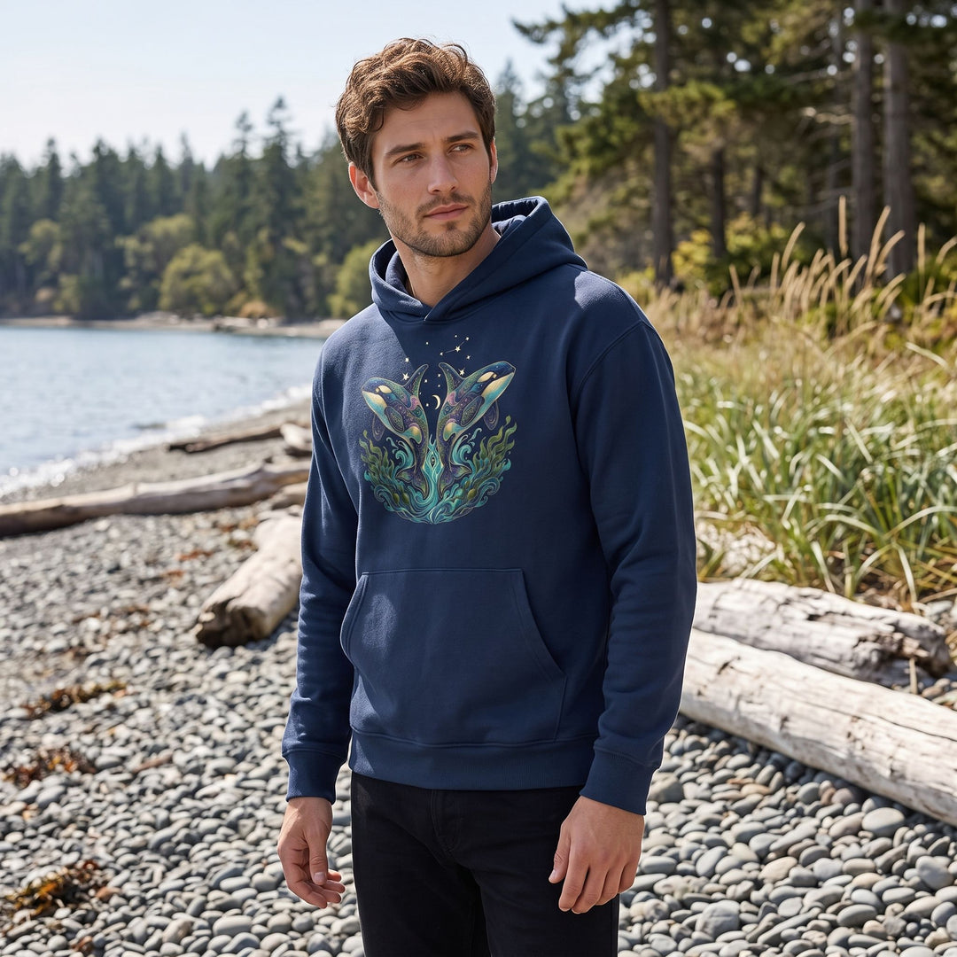 Casual model wearing Gemini Orcas organic fleece hoodie outdoors with greenery, relaxed pose, surrounded by nature.