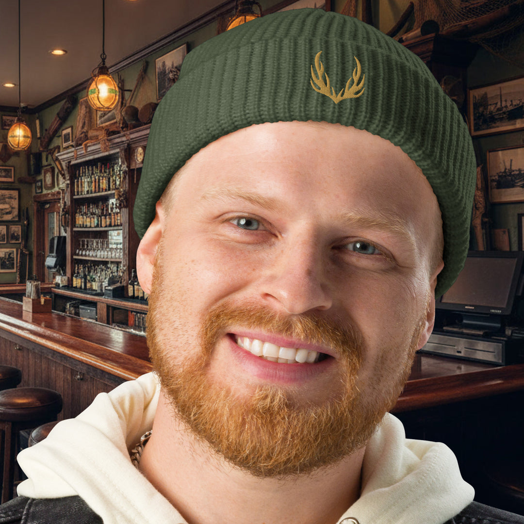 Stag Antlers Embroidered Fisherman Beanie – Thick Rib Knit Warmth