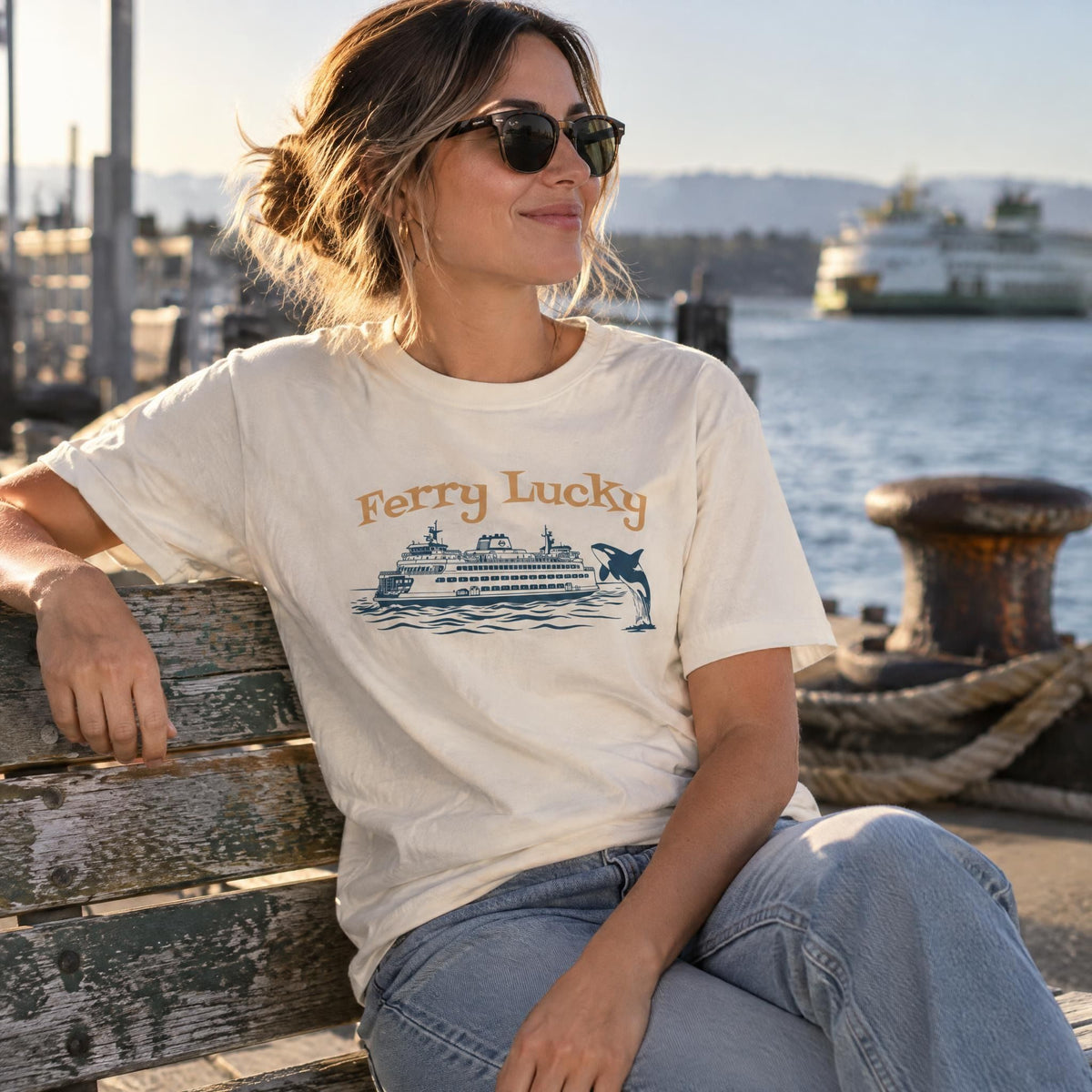 Female model in a relaxed graphic cotton tee sitting on a weathered bench at a harbor with soft late-day lighting.