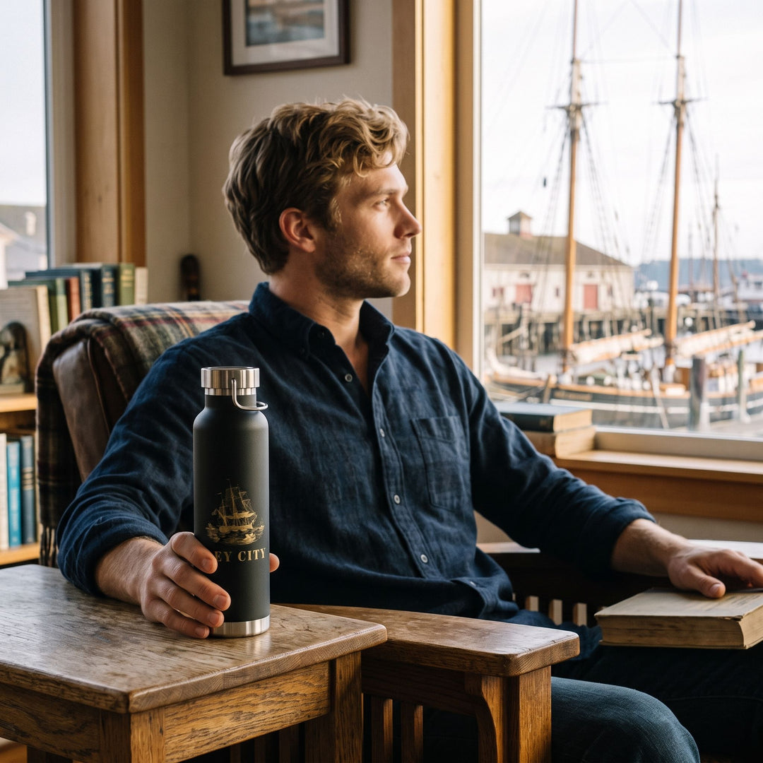 Close-up of vintage sailing ship water bottle in relaxed living room environment, highlighting nautical details.