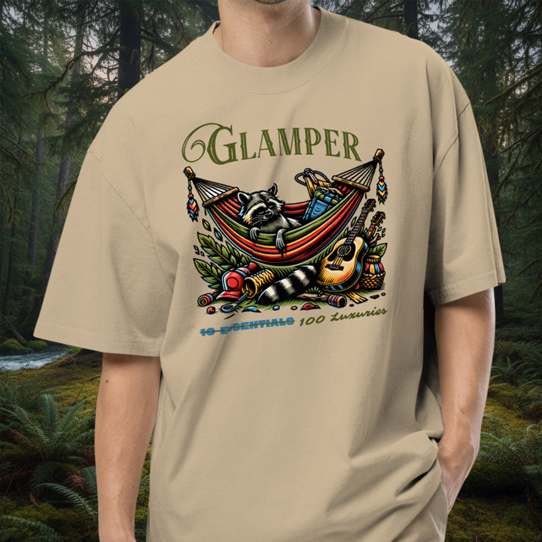 Glamping Raccoon Hammock Tee – Oversized Faded Cotton Graphic Shirt