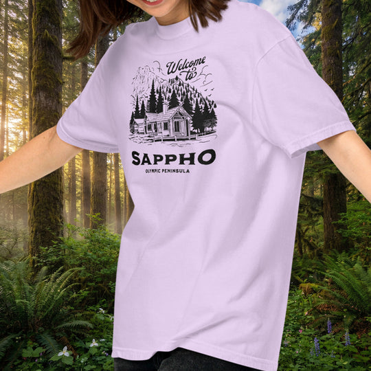 Sappho Cabin Tee - Retro Olympic Peninsula style (100% ring-spun cotton)