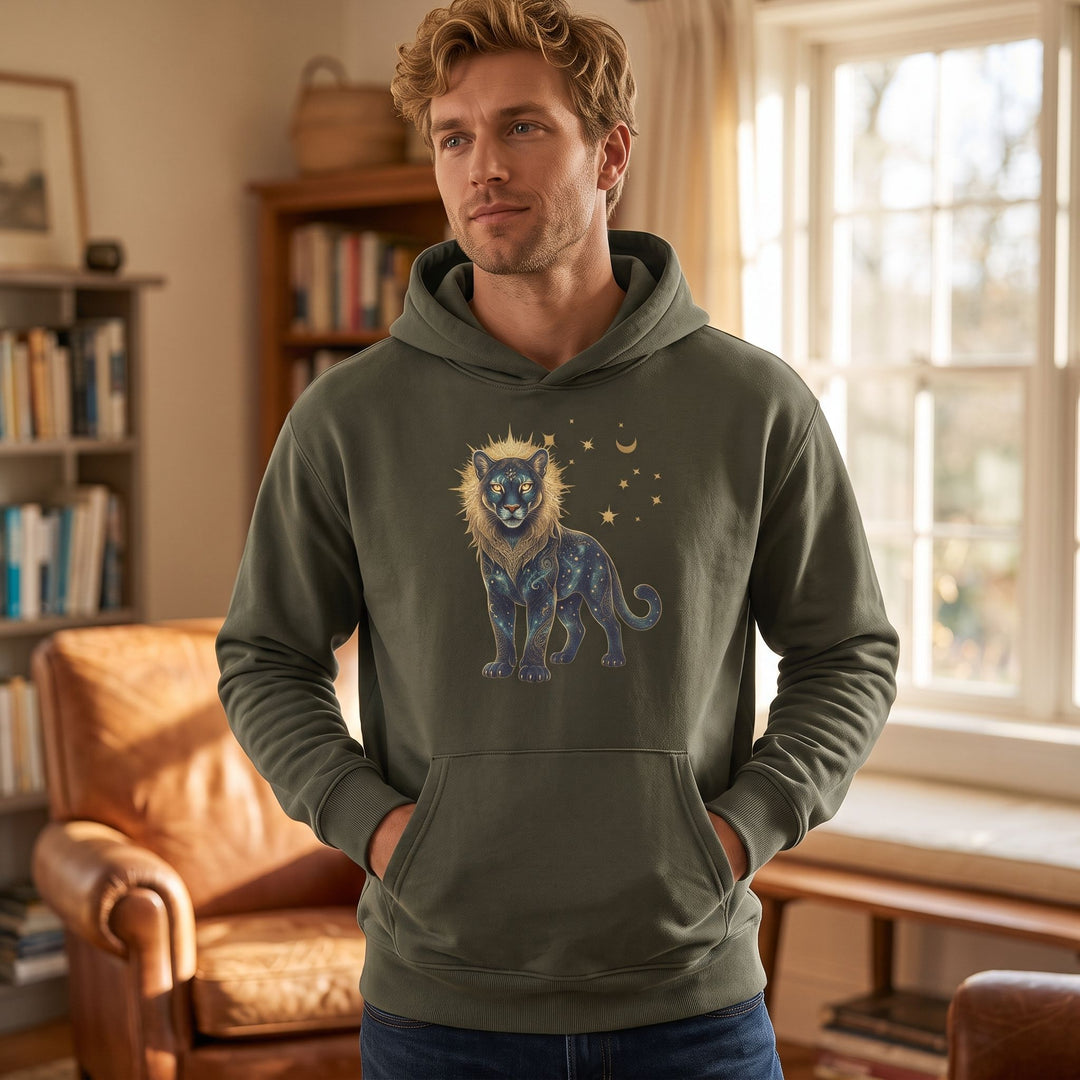 Adult male model wears Leo Cougar organic fleece hoodie in cozy living room setting, showcasing casual style and comfort.