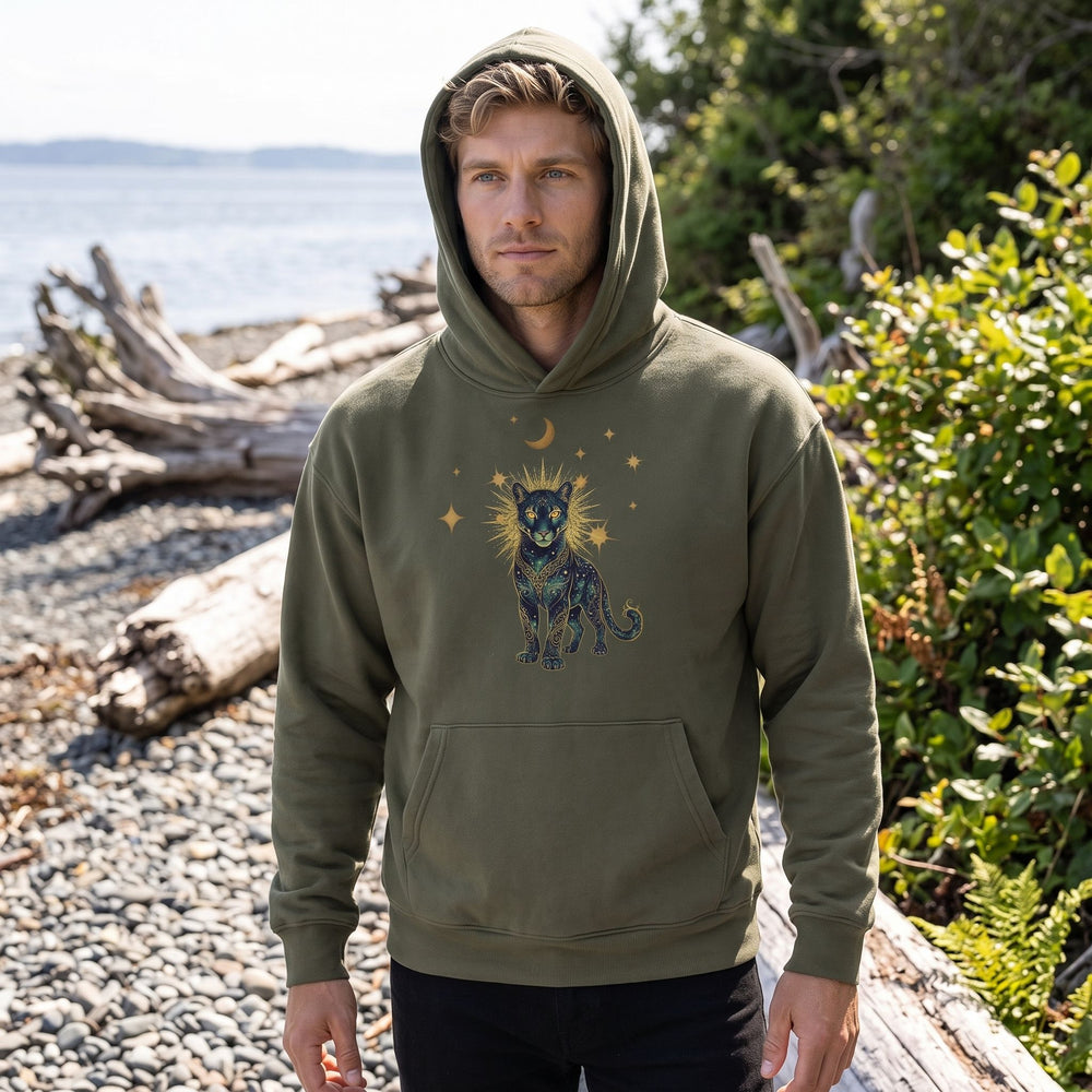 Organic fleece hoodie featuring Leo constellation, worn by model in outdoor setting with greenery and rocks.
