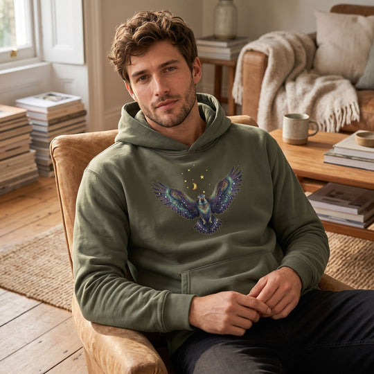 Casual man in relaxed pose wearing Libra Osprey fleece hoodie in cozy kitchen setting with warm natural window light