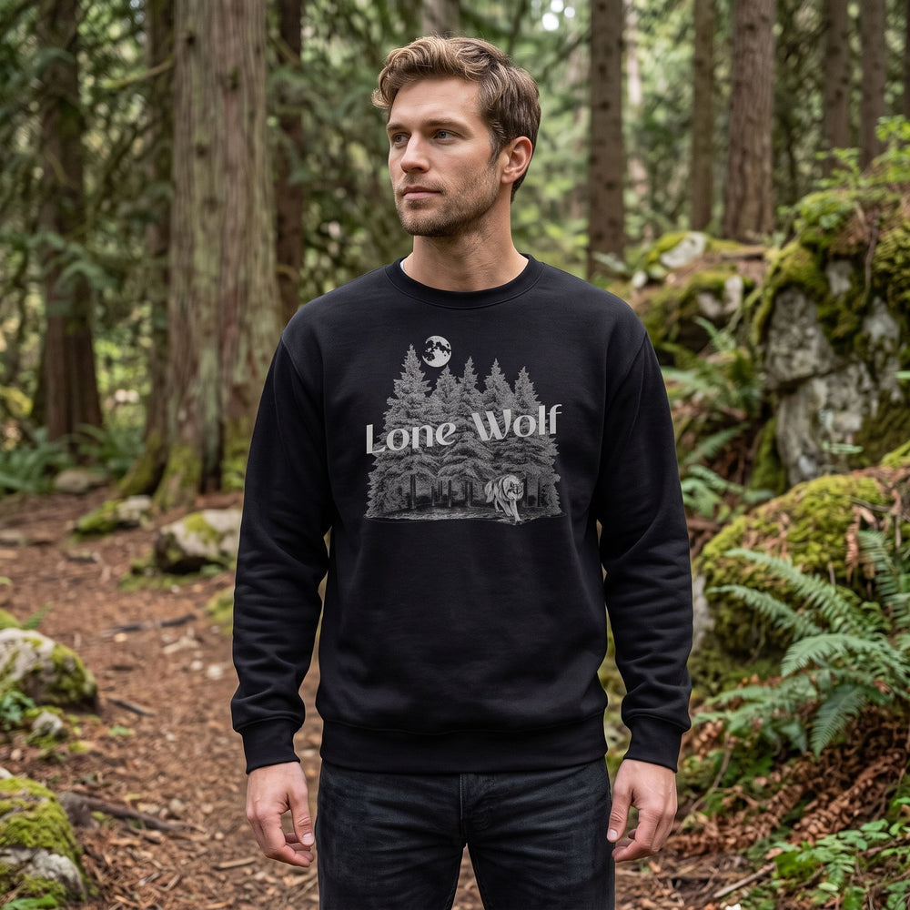 Men's Lone Wolf Crewneck Sweatshirt in outdoor nature setting with greenery and natural daylight