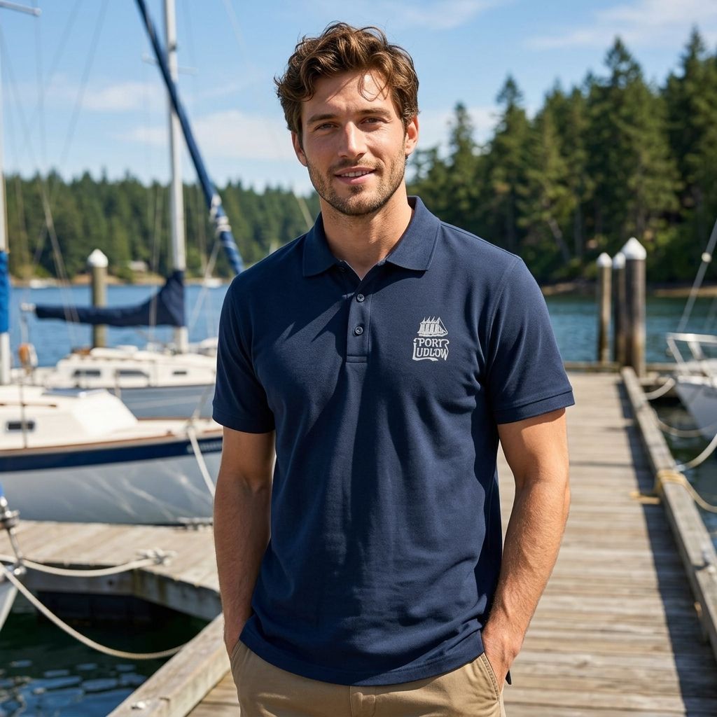 Adult male model in navy polo with sailing vessel embroidery, outdoors with lush greenery and open sky.