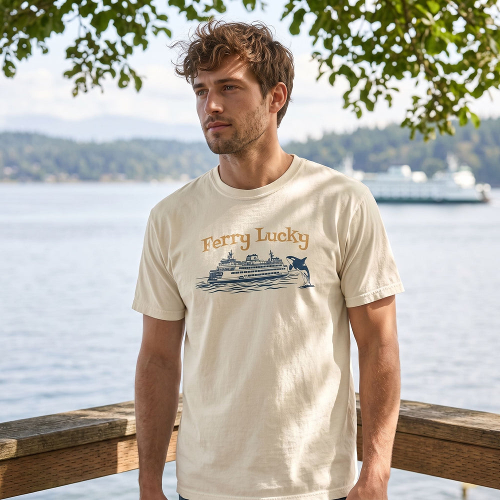 Close up of the Ferry Lucky graphic t-shirt design showing the orca and ferry artwork on ring-spun cotton fabric.