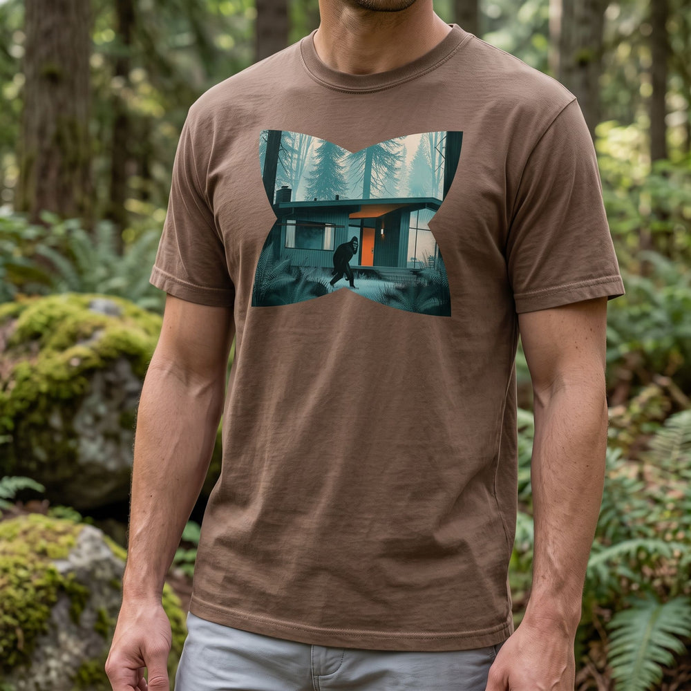 Adult model wearing The Mid-Century Modern Neighbor Garment-Dyed Tee outdoors with greenery, showcasing its vintage-inspired design in natural daylight.