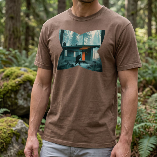 Adult model wearing The Mid-Century Modern Neighbor Garment-Dyed Tee outdoors with greenery, showcasing its vintage-inspired design in natural daylight.